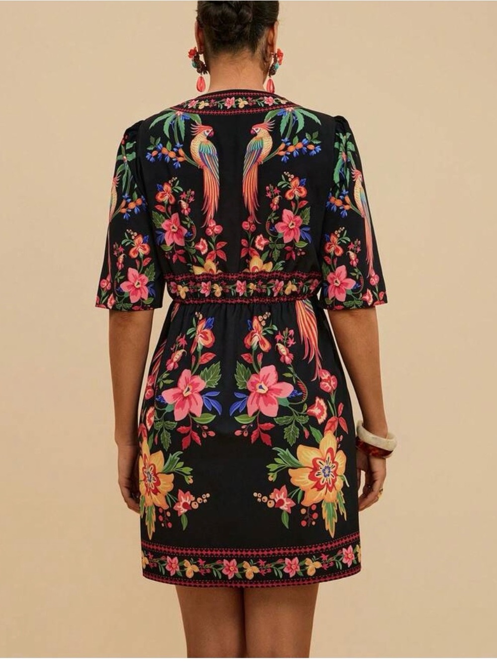 Amazon Black V-Neck Tropical Embroidered Mini Dress with Multicolor Florals - Picture 3 of 4